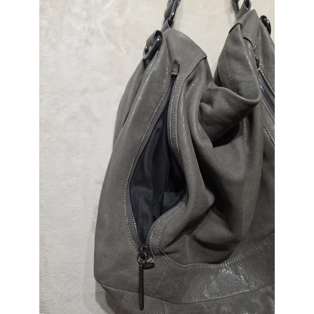 Elliott Lucca Gray Pebbled Leather Slouchy Hobo Shoulder Bag Crossbody‎ Large